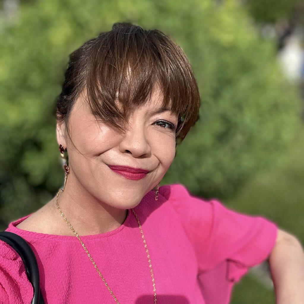 woman in obnoxiously pink dress